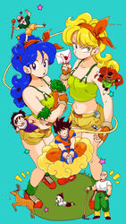  2girls 6+boys :d :o ^^^ animal arms_at_sides bald bare_arms bare_legs bare_shoulders beard belt black_eyes black_hair black_headwear blonde_hair blue_background blue_eyes blue_footwear blue_hair blush_stickers boots breasts brown_gloves cape capsule_corp carrot carrying chaozu chasing cleavage clenched_hands clothes_writing collarbone colored_skin commentary_request crop_top curly_hair d: deer dougi dragon_ball dragon_ball_(classic) dragon_ball_z dual_persona envelope expressionless eyelashes facial_hair father_and_son fingerless_gloves fingernails flying flying_nimbus food from_above frown full_body glasses gloves grass great_saiyaman green_eyes green_legwear green_shirt green_tank_top hair_between_eyes hair_ribbon hairband hat heart helmet hoi-poi_capsule holding holding_envelope holding_staff indian_style jumping kick_scooter looking_at_viewer looking_away looking_back looking_down looking_up lunch_(bad)_(dragon_ball) lunch_(dragon_ball) lunch_(good)_(dragon_ball) martial_arts_belt medium_breasts midriff moustache multiple_boys multiple_girls muten_roushi navel nervous open_mouth parted_lips pose profile red-framed_eyewear red_cape red_footwear red_hairband red_ribbon ribbon sandals shirt shoes short_shorts shorts sitting smile sneakers socks son_gohan son_goku spiked_hair staff standing sunglasses surprised sweatdrop takiginomoekasu tank_top tenshinhan third_eye v-shaped_eyebrows vegetable wax_seal white_footwear white_hairband white_skin wide-eyed wristband yellow_shorts 