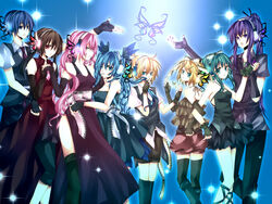  3boys 5girls bug butterfly commentary_request dress elbow_gloves fingerless_gloves formal gloves green_hair gumi hatsune_miku headphones holding_hands kagamine_len kagamine_rin kaito_(vocaloid) kamui_gakupo magnet_(vocaloid) md5_mismatch megurine_luka meiko_(vocaloid) multiple_boys multiple_girls thighhighs vocaloid yoitsukishin 