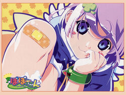  bandaid bandaid_on_knee bandaid_on_leg blue_eyes female mii_(popotan) photoshop_(medium) popotan purple_hair solo watanabe_akio 