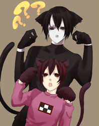  1boy 6_9 animal_ears arms_up bad_id bad_pixiv_id black_hair brown_eyes brown_hair cat_ears cat_tail fangs female madotsuki open_mouth paaru_(kokoimi324) paw_pose sekomumasada_sensei tail yume_nikki 