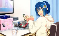  7-tan blue_eyes blue_hair blush coffee computer female hair_ornament hairclip headband indoors jacket madobe_nanami monitor motherboard official_art official_wallpaper os-tan smile solo wakaba_sprout 