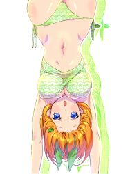  :o bikini blue_eyes breasts cleavage female floral_print go-toubun_no_hanayome green_bikini green_ribbons halftone handstand highres large_breasts leaf looking_at_viewer nakano_yotsuba navel open_mouth orange_hair print_bikini ribbon shadow shirt short_hair side-tie_bikini_bottom simple_background skirt smile solo string_bikini swimsuit upside-down white_background yu_(flowerbird3830) 