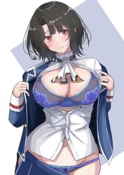  absurdres ascot beret black_hair blue_bra blue_panties blush bra breasts cowboy_shot female hat highres jacket kantai_collection ken_(shutenndouji1) large_breasts long_sleeves looking_at_viewer military military_uniform open_clothes open_jacket open_shirt panties red_eyes short_hair smile solo takao_(kancolle) underwear uniform white_background 