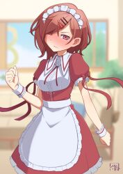  apron arm_at_side blurry blurry_background blush brown_hair clenched_hands dress female hair_ornament hairclip hibun_tsukasa highres higuchi_madoka idolmaster idolmaster_shiny_colors looking_at_viewer maid_headdress mole mole_under_eye puffy_short_sleeves puffy_sleeves red_dress red_eyes red_ribbon ribbon short_hair short_sleeves smile solo white_apron wrist_cuffs 