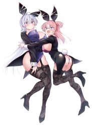  2girls @_@ absurdres animal_ear_hairband animal_ears ass black_coat black_footwear black_thighhighs blue_eyes blue_leotard blush breasts bunny_day coat coattails fake_animal_ears full_body garter_straps hair_ornament hairband hashtag-only_commentary high_heels highres hiyori_uwamura imminent_hug kamio_fukuchi lace_thighhighs large_breasts leg_up leotard long_hair looking_at_viewer multiple_girls one_side_up open_mouth pink_hair pink_leotard playboy_bunny rabbit_ear_hairband rabbit_ears rabbit_tail sideboob simple_background sweat tail thighhighs very_long_hair wavy_mouth white_background white_hair x_hair_ornament yowa_yowa_sensei 