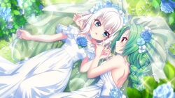  2girls arm_pillow back_bow bare_shoulders blue_eyes blue_flower blue_pansy blue_rose blurry blurry_foreground bow braid breasts bridal_veil closed_mouth day dot_nose dress film_grain finger_to_another&#039;s_cheek flower flower_hairband from_above game_cg grass green_hair hair_flower hair_ornament izumi_tsubasu jewelry lens_flare long_braid long_hair lying medium_breasts multiple_girls necklace nishidate_haku non-web_source official_art on_back on_side open_mouth outdoors pansy pearl_necklace profile re:stage! rose shirokita_kuroha short_hair shoulder_blades sidelocks single_braid small_breasts smile sparkle veil wedding_dress white_bow white_dress white_flower white_hair yellow_eyes 