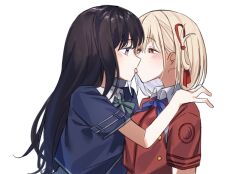  2girls black_hair blonde_hair blue_dress blue_ribbon blush collared_dress commentary dress eye_contact french_kiss green_ribbons hair_ribbon hand_on_another&#039;s_shoulder hashtag-only_commentary highres inoue_takina jenjen kissing long_hair looking_at_another lycoris_recoil lycoris_uniform medium_hair multiple_girls neck_ribbon nishikigi_chisato purple_eyes red_dress red_eyes red_ribbon ribbon short_sleeves simple_background tongue upper_body white_background yuri 