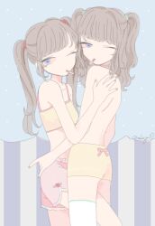  2girls back blue_eyes boyshort_panties bra brown_hair cigarette eyelashes fingernails heart heart-shaped_pupils highres hug long_hair makyuuu_(mmdy) multiple_girls one_eye_closed original pink_bra signature stoned symbol-shaped_pupils thighhighs topless twintails underwear white_thighhighs 