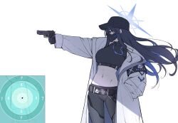  2024_summer_olympics baseball_cap belt black_belt black_hair black_hat black_mask black_pants black_shirt blue_archive blue_halo coat crop_top female from_side gun halo hand_in_pocket handgun hat highres holding holding_gun holding_weapon kim_yeji linea_alba long_hair long_sleeves mask midriff mouth_mask navel open_clothes open_coat pants reia_76 saori_(blue_archive) shirt sig_p220/p226 sig_sauer simple_background solo standing target weapon white_background white_coat 