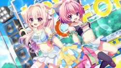  2girls :d ahoge arm_cuffs arm_up asymmetrical_legwear blue_eyes blue_skirt blue_sky bow braid breasts cheerleader crop_top cross-laced_footwear crown_braid day dot_nose dutch_angle film_grain game_cg group_name hair_intakes hairbow headset hiiragi_kae izumi_tsubasu large_bow lens_flare long_braid long_hair medium_breasts midriff mole mole_under_each_eye mole_under_eye multicolored_clothes multicolored_skirt multiple_girls multiple_moles navel non-web_source official_art open_mouth outdoors pink_hair pom_pom_(cheerleading) purple_bow purple_footwear re:stage! shiratori_amaha_(re:stage!) short_hair skirt sky smile sparkle speaker stage stage_lights striped_clothes striped_skirt vertical-striped_clothes vertical-striped_skirt white_bow white_skirt 