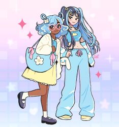  2girls :3 arm_warmers bag black_hair blue_hair breasts cinnamoroll cleavage commentary crop_top dark-skinned_female dark_skin english_commentary full_body glasses handbag highres midriff multicolored_hair multiple_girls navel original pants pianta_celi round_eyewear sanrio shoes skirt socks standing two-tone_hair y2k_(fashion) 