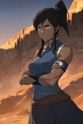  avatar battle_pose blue_eyes dark-skinned_female dark_skin fan_art hair_tubes korra long_hair muscular_female ponytail safe safe_for_work serious_look topknot water_tribe 