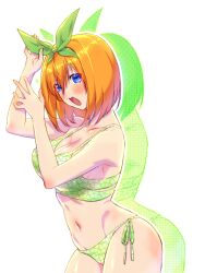  bikini blue_eyes blush breasts cleavage collarbone cowboy_shot female floral_print go-toubun_no_hanayome green_bikini hair_between_eyes hair_ribbon halftone hands_up highres large_breasts looking_at_viewer nakano_yotsuba navel open_mouth orange_hair print_bikini ribbon shadow shirt short_hair side-tie_bikini_bottom simple_background solo string_bikini swimsuit teeth upper_teeth_only white_background white_shirt yu_(flowerbird3830) 