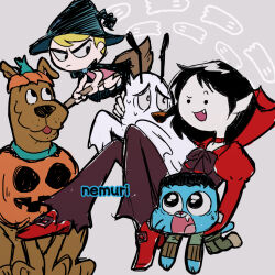  adventure_time black_cape black_clothing blonde_hair canid canine canis cape cartoon_network clothing costume courage_the_cowardly_dog courage_the_cowardly_dog_(character) crossover domestic_cat domestic_dog dress felid feline felis female footwear group gumball_watterson hair halloween halloween_costume halloween_theme hanna-barbera hat headgear headwear holidays humanoid_pointy_ears male mammal mandy_(tgaobam) marceline_abadeer nemuri_mt pink_clothing pink_dress red_clothing red_footwear scooby-doo scooby-doo_(series) simple_background the_amazing_world_of_gumball the_grim_adventures_of_billy_and_mandy witch_hat 