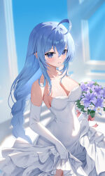  absurdres ahoge alternate_breast_size armpits blue_eyes blue_hair blush bouquet breasts bridal_gauntlets cleavage clothes_lift covered_navel dress dress_lift female gloves hair_between_eyes highres holding holding_bouquet large_breasts lifting_own_clothes long_hair looking_at_viewer low-braided_long_hair low-tied_long_hair mushoku_tensei open_mouth roxy_migurdia sideboob solo strapless strapless_dress upper_body very_long_hair wedding_dress weimeige white_dress white_gloves 