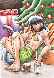  5_toes amber_eyes animal_ears animal_humanoid athletic athletic_humanoid athletic_male bangs bell bell_collar black_hair bottomwear box boxers_(clothing) cat_humanoid christmas christmas_bauble christmas_clothing christmas_decorations christmas_headwear christmas_ornament christmas_present christmas_tree closed_smile clothed clothed_humanoid clothed_male clothing collar container cup dessert drinking_glass eyebrows feet felid felid_humanoid feline feline_humanoid fingernails food full-length_portrait fur_trim_(clothing) gift gift_bow gift_box glass glass_container glass_cup green_bottomwear green_clothing green_shorts grey_ears grey_tail hair hair_between_eyes hat headgear headwear holidays humanoid light_body light_skin male male_humanoid mammal mammal_humanoid medium_hair mouth_closed nails pattern_bottomwear pattern_clothing pattern_shorts peta_hewitt plant plantigrade portrait reclining red_clothing red_collar red_hat red_headwear santa_hat shorts signature sitting smile solo tail toes topless topless_humanoid topless_male tree underwear 