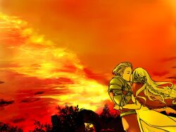  1boy armor braid brown_hair closed_eyes cloud couple dawn delita_heiral dress female final_fantasy final_fantasy_tactics hand_on_another&#039;s_face kissing long_hair mochi_(hanamaruudondesu) ovelia_atkascha red_robe robe ruins shoulder_pads straight sunset tree upper_body white_dress yellow_armor 