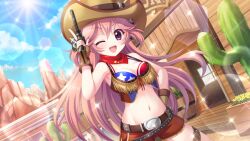  ;d bandana barrel belt belt_buckle bikini bikini_top_only blue_bikini blue_sky bow breasts brick_wall brown_gloves brown_hat brown_shorts buckle cactus cleavage cloud cowboy_hat cowboy_shot cowboy_western cowgirl_(western) day dot_nose dutch_angle female film_grain game_cg gloves grey_bow groin gun haeno_akari hairbow hand_on_own_hip handgun hat holding holding_gun holding_weapon izumi_tsubasu lens_flare long_hair looking_at_viewer medium_breasts navel non-circular_lens_flare non-web_source official_art one_eye_closed open_mouth outdoors pink_hair plaid_bow purple_eyes re:stage! red_bandana red_bikini revolver short_shorts shorts sky smile solo sparkle star_(symbol) sun swimsuit thigh_strap trigger_discipline two-tone_bikini two_side_up weapon 