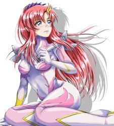  blue_eyes blush bodysuit breasts eijyu frown gloves gundam gundam_seed gundam_seed_freedom impossible_bodysuit impossible_clothes lacus_clyne leaning_to_the_side long_hair looking_at_viewer looking_up medium_breasts parted_bangs pilot_suit pink_eyes pink_hair shadow sitting very_long_hair white_bodysuit white_gloves 