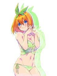  bikini blue_eyes blush breasts cleavage closed_mouth collarbone cowboy_shot female floral_print go-toubun_no_hanayome green_bikini green_ribbons hair_between_eyes hair_ribbon halftone hands_up highres looking_at_viewer nakano_yotsuba navel orange_hair own_hands_together print_bikini ribbon shadow short_hair side-tie_bikini_bottom simple_background smile solo string_bikini swimsuit white_background yu_(flowerbird3830) 