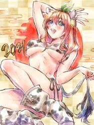  2021 animal_ears animal_print arm_up bell bikini blue_eyes blush boots breasts breasts_apart cow_ears cow_girl cow_print cow_print_bikini cow_tail cowbell ear_bell female go-toubun_no_hanayome green_ribbons high_heel_boots high_heels highres large_breasts long_hair looking_at_viewer nakano_itsuki new_year open_mouth print_bikini print_footwear red_hair ribbon side-tie_bikini_bottom solo string_bikini swimsuit tail thighs yu_(flowerbird3830) 