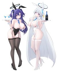  2girls alcohol alternate_costume animal_ears bare_shoulders between_breasts black_footwear black_leotard black_thighhighs blue_archive blue_eyes blue_hair blue_necktie breasts champagne_bottle champagne_flute cleavage closed_mouth commentary covered_navel cup detached_collar drinking_glass fake_animal_ears fake_tail finger_to_own_chin from_side full_body halo headgear high_heels highres holding holding_tray large_breasts leotard long_hair looking_at_viewer mechanical_halo miko_(royal_milk) multiple_girls necktie necktie_between_breasts noa_(blue_archive) playboy_bunny purple_eyes rabbit_ears rabbit_tail shoes sideboob simple_background skindentation smile strapless strapless_leotard tail thighhighs tray two_side_up undersized_breast_cup very_long_hair white_background white_footwear white_hair white_halo white_leotard white_thighhighs white_wrist_cuffs wrist_cuffs yuuka_(blue_archive) 