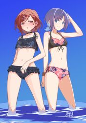  2girls asakura_toru bikini black_bikini blue_background blush bracelet brown_hair collarbone earrings floral_print floral_print_bikini hair_ornament hairclip hibun_tsukasa highres higuchi_madoka idolmaster idolmaster_shiny_colors jewelry looking_at_viewer multiple_girls nail_polish navel print_bikini purple_hair short_ponytail signature swimsuit wading 