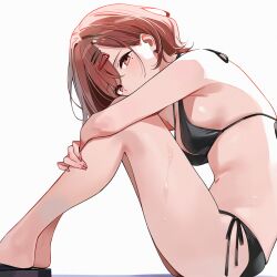  bikini black_bikini breasts brown_hair covered_mouth female highres higuchi_madoka hugging_own_legs idolmaster idolmaster_shiny_colors kinjin knees_up looking_at_viewer looking_to_the_side medium_breasts mole mole_under_eye navel sandals side-tie_bikini_bottom simple_background sitting solo stomach sweat swimsuit white_background 