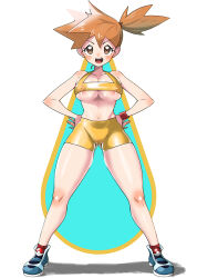  abs absurdres areola_slip armpits asymmetrical_hair bare_shoulders bike_shorts bikini blush bra breasts brown_eyes cameltoe cleavage cowboy_shot creatures_(company) eyebrows female frown full_body game_freak hands_on_own_hips highres kasumi_(pokemon) large_breasts legs looking_at_viewer medium_breasts midriff navel nintendo nipples open_mouth orange_hair pokemon pokemon_rgby ponytail raida_(fmuc5473) shirt shoes short_hair short_shorts shorts side_ponytail simple_background smile sneakers solo standing swimsuit tank_top teeth thick_thighs thighs underboob underwear upper_teeth_only wardrobe_malfunction white_background 