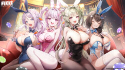  4girls absurdres alcohol alice_(nikke) alice_(wonderland_bunny)_(nikke) animal_ears antenna_hair black_bow black_bowtie black_leotard blue_bow blue_bowtie blue_eyes blue_hairband blue_leotard blush bottle bow bow-shaped_hair bowtie braid braided_ponytail breasts brown_hair brown_pantyhose carrot_hair_ornament cleavage closed_eyes commentary couch covered_navel crossed_legs cup curtains detached_collar drinking_glass elbow_gloves english_commentary fake_animal_ears fake_tail folkwang_(moist_rabbit)_(nikke) folkwang_(nikke) food-themed_hair_ornament gloves goddess_of_victory:_nikke green_hair grey_hair hair_intakes hair_ornament hair_over_shoulder hairband hand_on_own_chest highleg highleg_leotard highres holding holding_cup ice ice_cube lanyard large_breasts leotard logo long_hair looking_at_viewer mary_(medical_rabbit)_(nikke) mary_(nikke) medium_breasts melting misyune multiple_girls name_tag name_tag_hair_ornament official_alternate_costume official_art open_mouth pantyhose parted_lips pink_bow pink_bowtie pink_eyes pink_hair pink_leotard playboy_bunny poker_chip purple_eyes rabbit_ears rabbit_hair_ornament rabbit_tail second-party_source see-through see-through_leotard sitting smile soda_(nikke) soda_(twinkling_bunny)_(nikke) strapless strapless_leotard sweat tail thighband_pantyhose thighhighs twintails two_side_up watermark white_gloves white_pantyhose white_thighhighs wine_glass wing_collar wrist_cuffs 