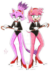  2020 5_fingers amy_rose anthro bedroom_eyes black_clothing black_jacket black_panties black_tie_(suit) black_topwear black_underwear blaze_the_cat bow_tie button_(fastener) cane clothing colored_pencil_(artwork) contact_onomatopoeia dance_shoes dancewear dancing dipstick_hair dipstick_tail domestic_cat duo emanata eulipotyphlan facial_markings felid feline felis female fingers footwear forehead_gem fur gem gloves green_eyes hair handwear head_markings hedgehog hi_res high_heels holding_cane holding_object impact_onomatopoeia jacket long_hair looking_at_viewer mammal markings miszcz90 muzzle_(marking) narrowed_eyes onomatopoeia open_mouth open_smile panties pink_body pink_fur ponytail purple_body purple_fur red_bow_tie red_clothing red_footwear red_forehead_gem red_hair_tie red_hairband red_high_heels seductive sega shoes showgirl simple_background smile smiling_at_viewer sonic_the_hedgehog_(series) sound_effects stiletto_heels suit suit_jacket tail tail_markings tan_body tan_fur tap_dancing tap_shoes text topwear traditional_media_(artwork) tuxedo_leotard underwear watermark white_background white_body white_clothing white_dress_shirt white_fur white_gloves white_handwear yellow_eyes 