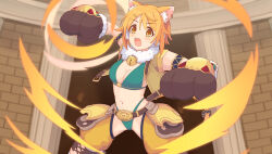  animal_ear_fluff animal_ears animal_hands armband bell belt breasts cat_girl cat_paws dynamic_pose female fur-trimmed_gloves fur_collar fur_trim gloves hair_ornament hairclip halterneck highleg highres hiyori_(princess_connect!) jingle_bell lius medium_breasts navel open_mouth orange_eyes orange_hair paw_gloves princess_connect! punching short_hair solo teeth thigh_armor upper_teeth_only 