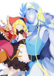  2girls absurdres animate_object basket black_skirt blonde_hair blue_leotard breasts capelet cendrillmon chaperomon cleavage coat colored_skin cover cover_page covered_eyes digimon digimon_(creature) digimon_day doujin_cover drill_hair evolutionary_line fur_coat helmet helmet_over_eyes highleg highleg_leotard highres holding holding_basket hood hood_up hooded_capelet leotard long_hair looking_at_viewer medium_breasts medium_hair multiple_girls rae_(hexedwithluck) see-through see-through_cleavage sharp_teeth shirt side_drill simple_background skirt smile teeth v white_background white_shirt white_skin 