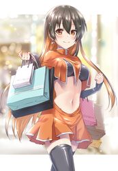  absurdres bag black_hair black_thighhighs blurry blurry_background breasts capelet closed_mouth commission cowboy_shot earrings female highres holding holding_bag jewelry kuroi_mimei long_hair medium_breasts midriff monero monero-chan multicolored_hair navel orange_capelet orange_eyes orange_hair orange_skirt second-party_source skirt smile solo thighhighs two-tone_hair very_long_hair 