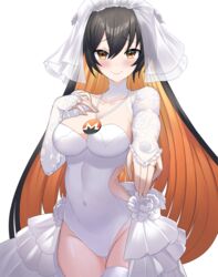  absurdres blush breasts bridal_veil brown_eyes brown_hair cleavage closed_mouth colored_inner_hair covered_navel cowboy_shot dress female hair_between_eyes highres jewelry large_breasts looking_at_viewer monero monero-chan multicolored_hair necklace orange_hair ring second-party_source senbon_tsuki sidelocks smile solo standing tachi-e thighhighs transparent_background veil wedding_dress wedding_ring white_thighhighs 