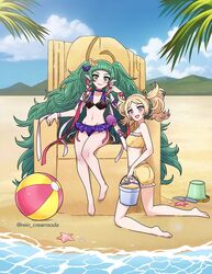  2girls :d alternate_costume ball beach beachball bikini bikini_shorts bikini_skirt black_bikini blonde_hair blue_bikini braid breasts bucket curly_hair fire_emblem fire_emblem:_three_houses fire_emblem_awakening green_eyes green_hair grey_eyes hair_ornament holding holding_bucket holding_shovel kneeling lissa_(fire_emblem) long_hair looking_at_viewer medium_hair mountainous_horizon multiple_girls navel ocean palm_leaf pointy_ears red_ribbon rein_creamsoda ribbon sand_bucket sand_sculpture shorts shovel sitting sitting_on_throne small_breasts smile sothis_(fire_emblem) starfish swimsuit throne twin_braids twintails white_ribbon yellow_bikini 