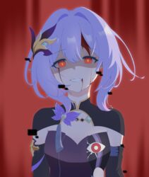  blood blood_from_eyes blood_from_mouth blood_on_face blue_hair blue_shirt breasts cleavage detached_sleeves elf elysia_(honkai_impact) eye_print female glitch hair_ornament herrscher_of_corruption highres honkai_(series) honkai_impact_3rd orange_eyes pointy_ears red_curtains shirt short_hair smile solo upper_body xinjinjumin8342441 yellow_pupils 