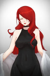  absurdres bare_shoulders black_choker black_dress breasts choker closed_eyes coat collarbone commentary commission covered_navel cowboy_shot dress english_commentary female fur_coat grey_background hair_over_one_eye highres impossible_clothes impossible_dress kirijou_mitsuru large_breasts lips long_hair n7grey off_shoulder persona persona_3 red_hair red_lips sideboob smile solo white_coat 