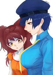  2girls absurdres artist_name blue_hair blue_hat blue_shirt blush breast_envy breasts brown_eyes brown_hair cabbie_hat closed_mouth collared_shirt commentary earrings english_commentary grey_eyes hair_between_eyes hat highres jewelry kujikawa_rise large_breasts lips long_sleeves looking_at_another multiple_girls n7grey necktie orange_shirt persona persona_4 shirogane_naoto shirt short_hair sidelocks simple_background small_breasts stud_earrings sweatdrop tomboy twintails twitter_username upper_body white_background white_shirt wide-eyed yellow_necktie 