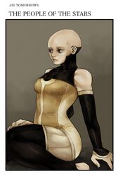  absurdres all_tomorrows animification bald bald_girl black_eyes bodysuit breasts brown_bodysuit copyright_name detached_sleeves english_commentary female hand_on_own_thigh highres light_frown looking_to_the_side msra004 sitting small_breasts solo star_people_(all_tomorrows) 