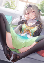  aqua_nails black_hairband black_jacket black_thighhighs blush bow breasts center_opening cleavage closed_mouth couch cropped_jacket day double-parted_bangs dutch_angle feet female firefly_(honkai:_star_rail) foot_focus green_skirt grey_hair hair_between_eyes hair_intakes hairband highres honkai:_star_rail honkai_(series) indoors jacket knee_up large_breasts long_hair long_sleeves looking_at_viewer nail_polish on_couch presenting_foot purple_eyes senba_(592683801) shirt skirt smile solo spread_legs thighhighs toenail_polish toenails toes white_shirt 