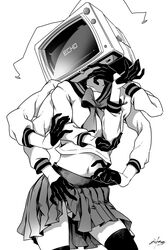  absurdres black_gloves black_sailor_collar black_thighhighs bow clothes_lift collarbone commentary copyright_name cowboy_shot echo_(vocaloid) english_commentary extra_arms facing_up female finger_to_own_chin gloves greyscale half_gloves hand_on_own_arm hand_on_own_elbow hands_up highres kanda_mijinko long_sleeves monochrome navel object_head panties pleated_skirt primadonna_(echo) radio_antenna sailor_collar school_uniform serafuku shirt_bow signature simple_background skirt skirt_lift solo television thighhighs underwear vocaloid white_background 