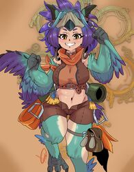  a.c._hunter absurdres blush breasts choker commentary crop_top digitigrade english_commentary feathers female green_feathers green_hair grin harpy highres large_breasts leather_belt leather_shorts looking_at_viewer medium_hair midriff monster_girl monster_hunter_(series) navel o-ring o-ring_choker o-ring_thigh_strap open_fly partially_feathered_tail personification purple_feathers purple_wings seikret_(monster_hunter) smile standing standing_on_one_leg talons thigh_strap two-tone_wings wings yellow_eyes 