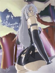  a2_(nier:automata) android armlet ass bare_shoulders black_tank_top blue_eyes copyright_name elbow_gloves english_commentary female frank_okako from_behind from_below gloves grey_hair hair_over_one_eye highres jewelry joints long_hair micro_shorts nier:automata nier_(series) robot_joints shorts solo tank_top twitter_username 