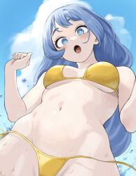  bikini blue_eyes blue_hair blue_sky boku_no_hero_academia breasts bright_pupils cloud commentary_request day female fengling_(furin-jp) hadou_nejire highres long_hair medium_breasts navel open_mouth sky solo swimsuit water wet white_pupils yellow_bikini 