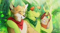  accessory anthro bag brown_body brown_fur canid canine detailed_background digital_drawing_(artwork) digital_media_(artwork) duo fennec_fox flygon fox fur fussel_(fusse_1701) gale_(galefoxy) generation_3_pokemon green_body green_fur green_hair hair highimneo looking_at_another male male/male mammal model_sheet nintendo orange_eyes pokemon pokemon_(species) scarf shoulder_grab true_fox yellow_body yellow_eyes yellow_fur 