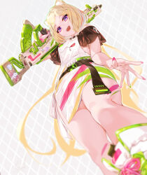  absurdres aki_rosenthal aki_rosenthal_(gaming_casual) animal_ears arm_at_side arm_up bare_shoulders belt black_shirt blonde_hair cat_ears checkered_background cropped_shirt dot_nose female from_below green_nails grey_background gun happy head_down highres holding holding_gun holding_weapon hololive legs_together long_hair miniskirt multicolored_clothes multicolored_nails multicolored_skirt off-shoulder_shirt off_shoulder official_alternate_costume open_mouth overall_skirt paint_on_body paint_stains pink_nails pondel purple_eyes shirt short_sleeves side-tie_skirt skirt smile solo standing straight_hair teeth upper_teeth_only virtual_youtuber weapon white_skirt 