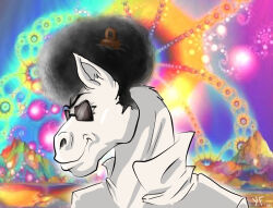  2009 abstract_background afro anthro black_hair bust_portrait clothed clothing dated equid equine eyewear fur glasses hair horse male mammal obscured_eyes portrait signature solo sunglasses topwear wearing_glasses white_body white_clothing white_fur white_topwear yaoifairy 