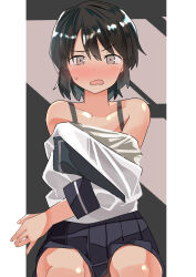  absurdres bare_shoulders black_hair black_sailor_collar black_skirt cowboy_shot female grey_eyes haida_katsuretsu highres kantai_collection looking_at_viewer miyuki_(kancolle) pleated_skirt sailor_collar sailor_shirt school_uniform serafuku shirt short_hair sitting skirt solo undressing white_shirt 