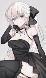  alternate_costume back_bow black_bow black_choker black_dress black_gloves black_thighhighs blue_eyes bow braid breasts choker closed_mouth crossed_legs diamond_earrings dress earrings elbow_gloves empty_eyes fate/grand_order fate_(series) female garter_straps gloves grey_background hair_behind_ear hairbow hand_on_own_cheek hand_on_own_face highres jewelry lace-trimmed_gloves lace-trimmed_thighhighs lace_trim long_hair looking_at_viewer mati5572 medium_breasts morgan_le_fay_(fate) necklace ponytail simple_background sitting sleeveless sleeveless_dress smile solo strapless strapless_dress thighhighs very_long_hair white_hair 